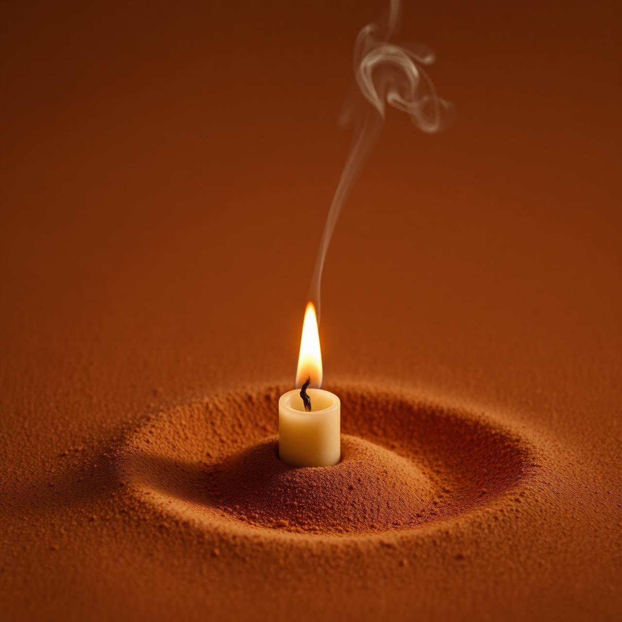 Vela consumida com fio de fumaça em fundo terracota